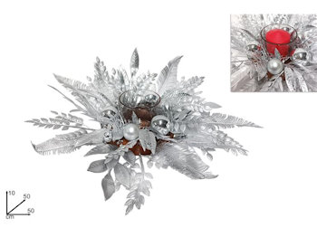 CANDELA SOLO PORTACANDELA COMPOSIZIONE CON FOGLIE FIORI ARGENTO CM.50x50xH.10 DU