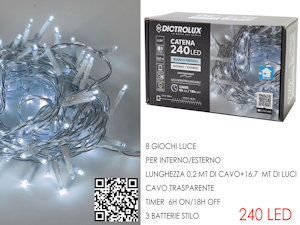 240 LED CATENA MT.12+1,0 CAVO BIANCA GHIACCIO A BATTERIE x ESTERNO PROGR GENERAL
