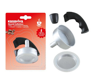 CAFFETTIERA KIT RICAMBI 3 TAZZE FILTRO+GUARNIZIONE+IMBUTO+MANICO+POMELLO KASAVIV