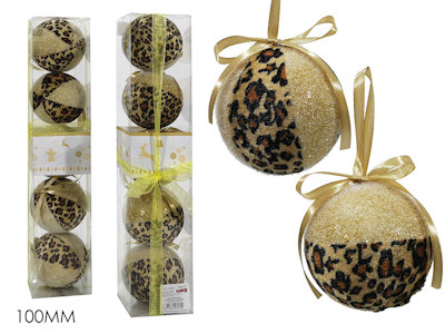 SFERE GLITTER 8 CM. CONF. 8 PZ. IN SCATOLA VETRINA ORO CON DECORO ANIMALIER 89