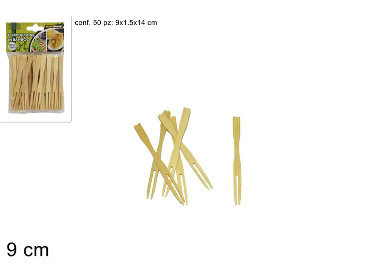 FORCHETTINE 2 PUNTE IN LEGNO DI BAMBOO CONF.50PZ. CM.9 DUESSE