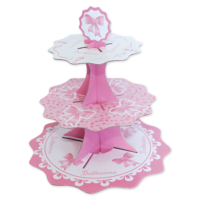 BATTESIMO ROSA DECORO FIOCCO ALZATINA CM.35+26+21 H.35 BIGPARTY