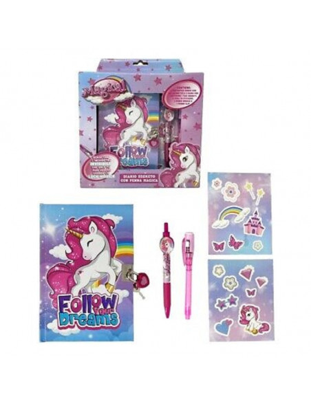 DIARIO SEGRETO KIT CON LUCCHETTO STICKERS E PENNE UNICORONO EOLD.