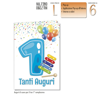 BIGLIETTI 1° COMPLEANNO NUMERO 1 CELESTE NU.7280 PEZZI 6