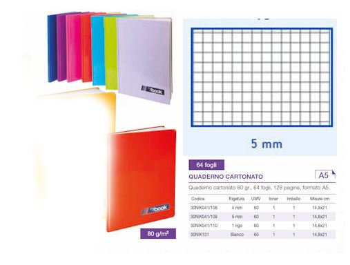 QUADERNO CARTONATO 64FF A5 RIGATURA 5 MM MONOCOLORE NIKOFFICE PEZZI 5