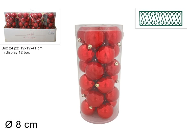 SFERE LUCIDE 8 CM. CONF. 24 PZ. IN CILINDRO ROSSE CON GANCETTI DUESSE