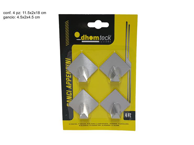 GANCIO APPENDINO ADESIVO 1 POSTO IN ACCIAIO ROMBO CONF.4PZ. CM.4,5x4,5 DUES