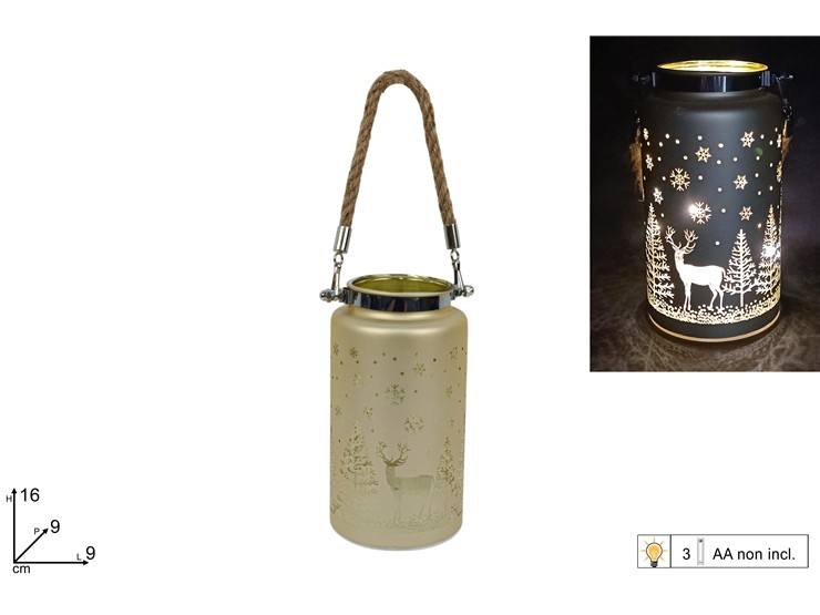 SCENARIO NATALIZIO CON LUCE IN LAMPADA IN VETRO MANICO IN CORDA ORO CM.H.16 DUES