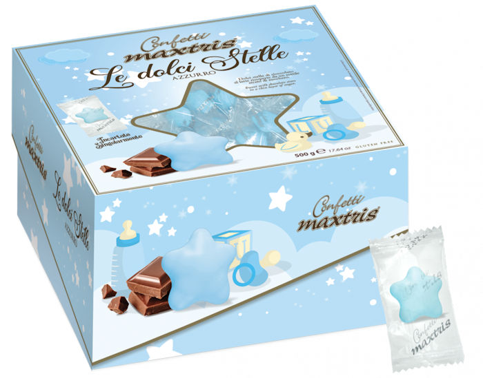 CONFETTI MAXTRIS AL CIOCCOLATO DOLCI STELLE 500gr. CELESTE INCARTATI IN VASSOIO