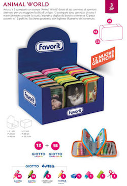 ASTUCCIO SCUOLA 3 ZIP ANIMAL WORLD 12+18 FILA + ACCESSORI FAVORIT
