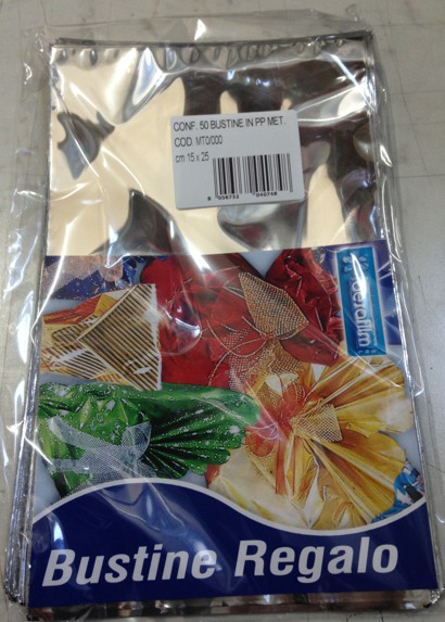 BUSTINE IN PPL CM.15x25 METALLIZZATE ARGENTO CONF.50PZ. CON PATELLA ADESIVA