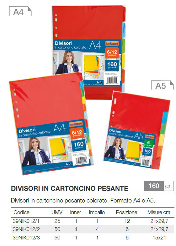 DIVISORI PER RACCOGLITORI A4 CM.26x31 4 ANELLI IN CARTONCINO 160GR COLORATO NIKO