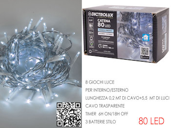 80 LED CATENA MT.5,5+0.2 CAVO TRAPARENTE BIANCA FREDDA A BATTERIE PER ESTERNO PR