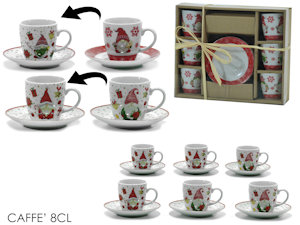 TAZZINE CAFFE' SET 6PZ BIANCHE CON PIATTINO CON DECORO GNOMO NATALIZIO 556270 GE