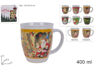 TAZZA IN CERAMICA 400ML. BIANCA CON DECORO NATALIZI COLOR IN BOX DUESSE