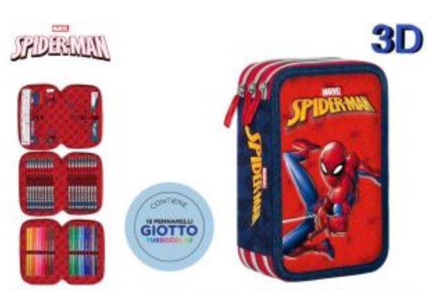 ASTUCCIO SCUOLA 3 ZIP SPIDERMAN 12+18 FILA + ACCESSORI EOLD.