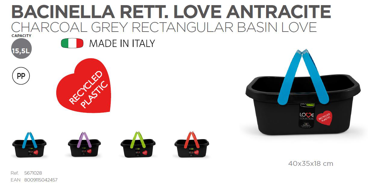 BACINELLA RETTANGOLARE 14LT. CM.40x35x18 CON 2 MANIGLIE COLOR NERA LOVE GIOSTYLE