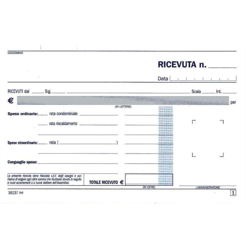 RICEVUTE BLOCCO DI CONDOMINIO CM.10x17 3 COPIE CON AVVISO DATA UFFICIO