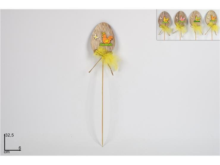 DECORAZIONE SPILLONE IN LEGNO CON UOVO DECORATO CON GALLINA CM.6x32