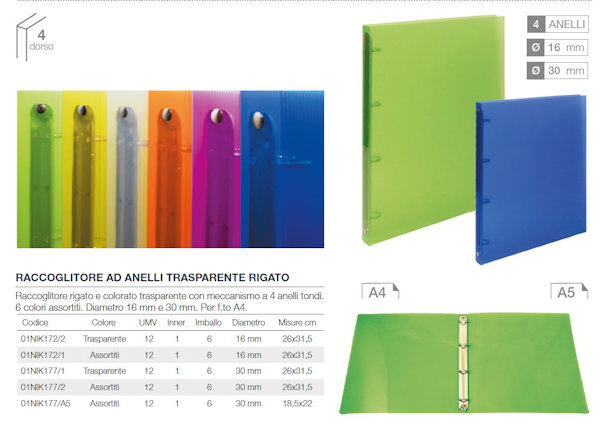 RACCOGLITORE 4 ANELLI D.16mm A4 CM.26x31 COPERTINA IN PPL TRASPAR RIGATA AS NIKO