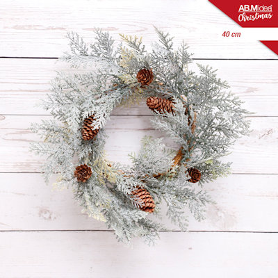 GHIRLANDA TONDA CM.40 IN LEGNO CON PIGNE BIANCHE GLITTER IDEA'S