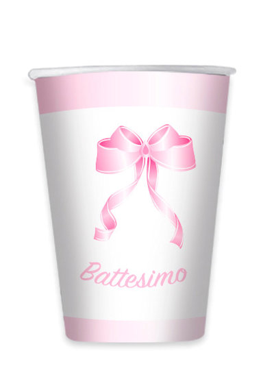 BATTESIMO ROSA DECORO FIOCCO BICCHIERI CC.200 CONF.8PZ. BIGPARTY