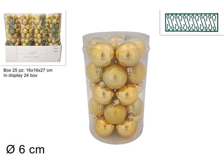SFERE LUCIDE 6 CM. CONF. 24 PZ. IN CILINDRO ORO CON GANCETTI DUESSE