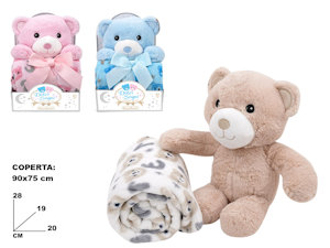 PELUCHE ANIMALI ORSETTO CM.28 SEDUTO CON COPERTA PAIL CM.90x75 MAZ.