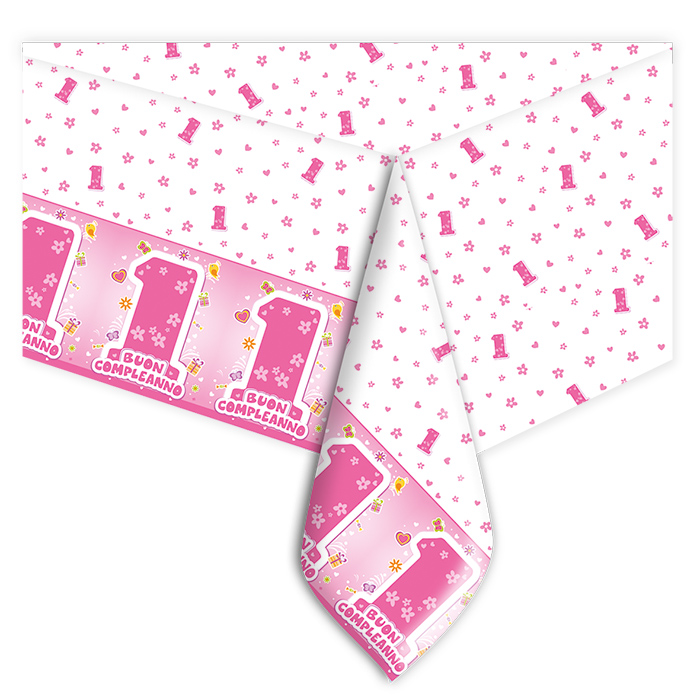 PRIMO COMPLEANNO ROSA TOVAGLIA IN PLASTICA CM.140x270 BIGPARTY