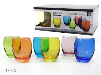 BICCHIERE ACQUA 370ML. VETRO LISCIO SET.6PZ. COLORATI GENERAL