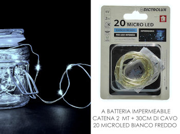20 LED MINILUCCIOLE A BATTERIA ESTERNO MT.2+cavo cm.30  BIANCA FREDDA 405830