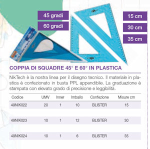 SQUADRE IN PLASTICA COPPIA CM.35 x45° E 60° IN BLISTER NIKOFFICE
