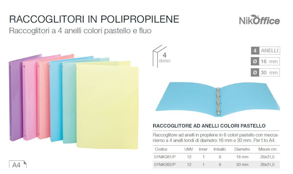 RACCOGLITORE 4 ANELLI D.30mm A4 CM.26x31 COPERTINA IN PPL LACCATA COL PASTEL NIK