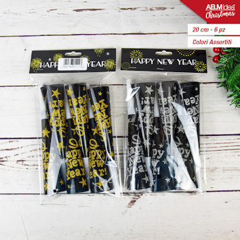PARTY NATALE HAPPY NEW YEAR TROMBETTA IN CARTA SCRITTA GLITTER CONF.6PZ. CM.20 I