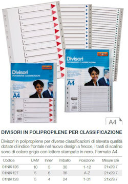 DIVISORI PER RACCOGLITORI A4 CM.26x31 4 ANELLI IN PPL  DALLA A ALLA Z NIKOFFICE