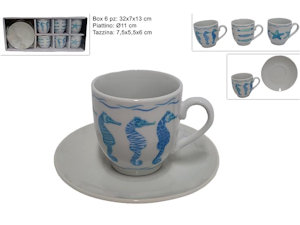 CAFFE' TAZZINE SET 6 PZ. CON PIATTINI BIANCHE CON DECORO MARINO DUESSE
