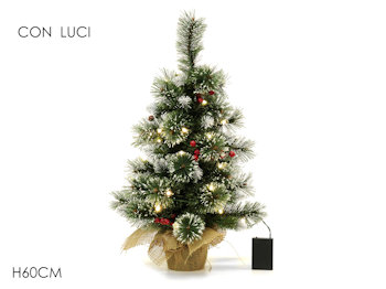 ALBERELLO CLASSICO BASE IN JUTA ALTEZZA CM.60 INNEVATO 50 RAMI CON LUCI LED GENE