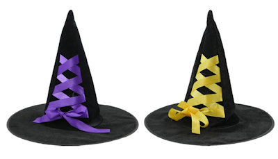 ACCESSORI TESTA CAPPELLO STREGA IN PVC NERO CON NASTRINO COLORATO SWEEPING