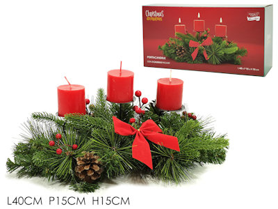 CANDELA SOLO PORTACANDELA 3 POSTI RETTANGOLARE CM.40 CON BACCHE 411071 GENERAL