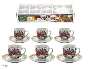 TAZZINE CAFFE' SET 6PZ BIANCHE CON PIATTINO CON DECORO FIOCCO NATALIZIO 524207A