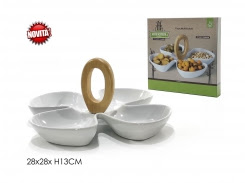 ANTIPASTIERA IN CERAMICA 4 POSTI CM.28x28 TONDA MANICO LEGNO 635832 GENERAL