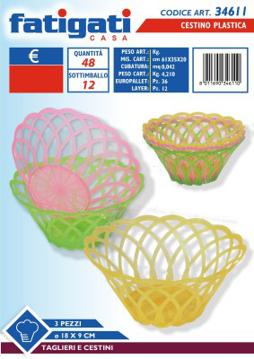 CESTINO DA TAVOLA IN PLASTICA TONDO CM.18x9 COLOR CONF. 3PZ. FATIGATI