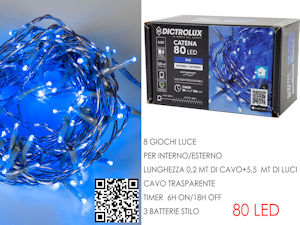 80 LED CATENA MT.5,5+0.2 CAVO TRAPARENTE COLORE BLU A BATTERIE PER ESTERNO PROGR