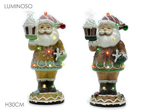 PERS. BABBO NATALE CM.30 SU BASE CON LUCI DECORATO PAN DI ZENZERO CM.H.30 494110