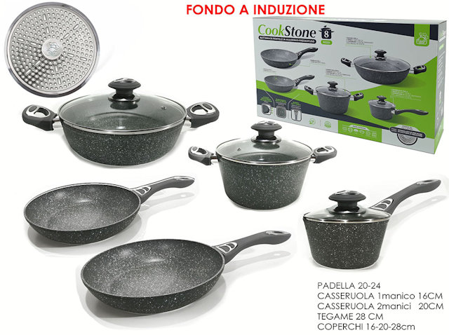 PENTOLA BATTERIA 8 PZ. IN ALLUMINIO FONDO A INDUZIONE COPERCHI IN VETRO GENERA