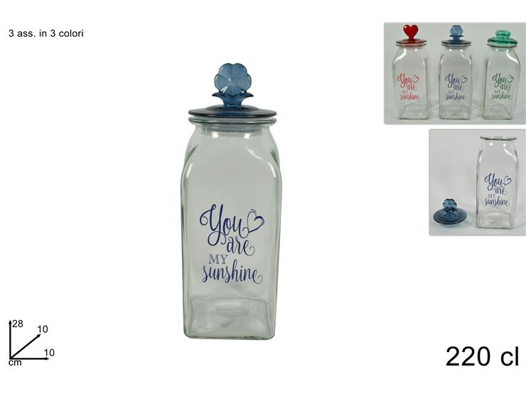 BARATTOLO IN VETRO CON TAPPO CON SCRITTE 220CL. CM.10x10x28 DUESSE
