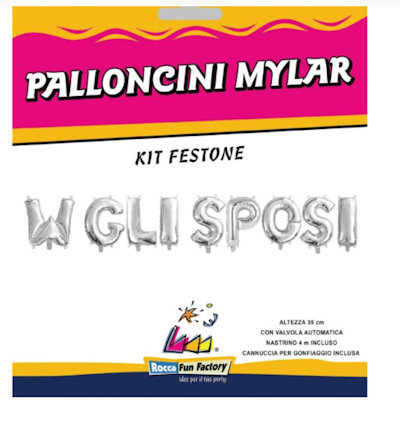 MATRIMONIO PALLONCINO MYLAR SCRITTA W GLI SPOSI ARGENTO FESTONE LETTERE CM.35