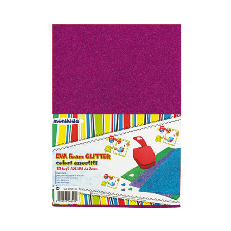 CARTA GOMMA ESPANSA EVA GLITTER A4 SPESSORE 2MM. CONF.10 FOGLI ASS. ADESIVA NIKO