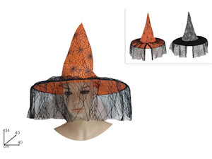 ACCESSORI TESTA CAPPELLO STREGA IN PVC NERO O ARANCIONE D.40 CON VELEO NERO
