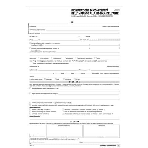 CONFORMITA' DICHIARAZIONE A REGOLA D'ARTE ALLEGATO 1 BLOCO DA 50 SCHEDE DATA UFF
